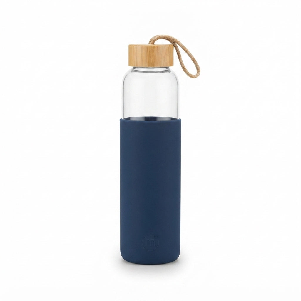 Glass Bottle with Silicone Sleeve and Bamboo Lid - Blue - Meru Trophy corporate gifting