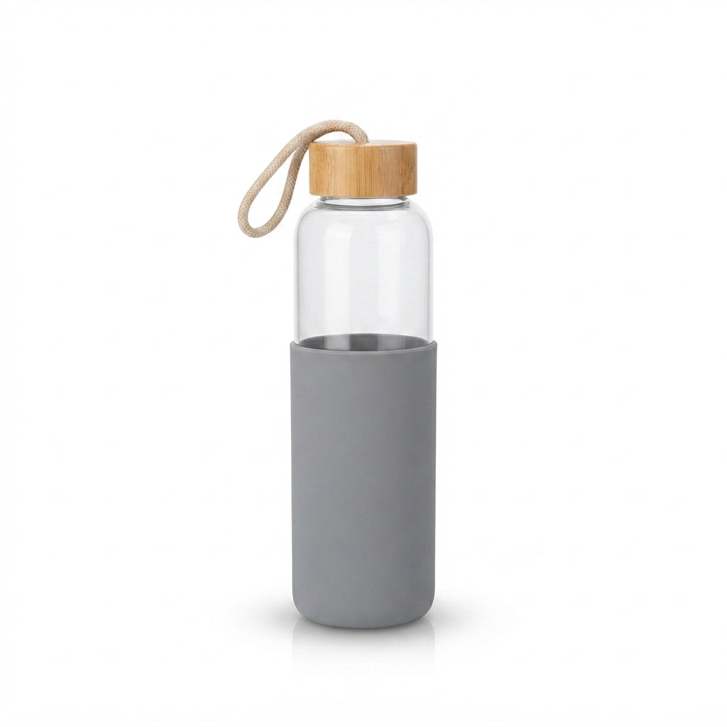 Glass Bottle with Silicone Sleeve and Bamboo Lid - Grey - Meru Trophy corporate gifting