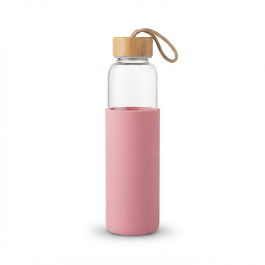 Glass Bottle with Silicone Sleeve and Bamboo Lid - Pink - Meru Trophy corporate gifting