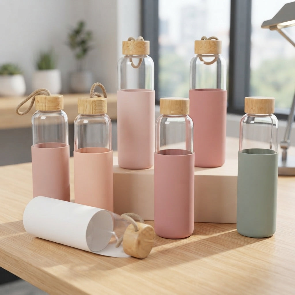 Glass Bottle with Silicone Sleeve and Bamboo Lid - lifestyle - Meru Trophy corporate gifting