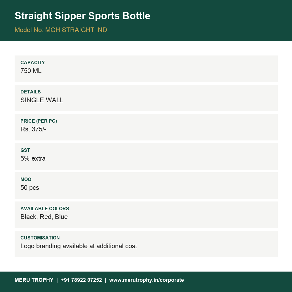 Straight Sipper Sports Bottle - spec card - Meru Trophy corporate gifting