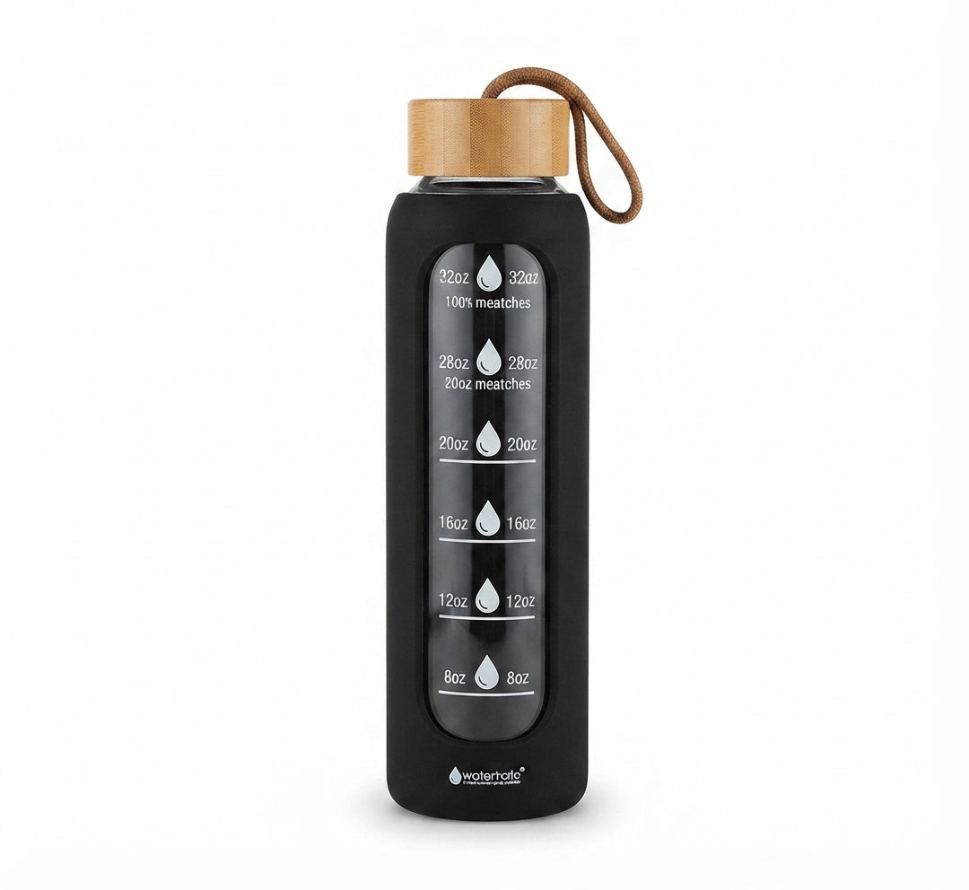 Time Marker Glass Bottle with Silicone Sleeve - Black - Meru Trophy corporate gifting