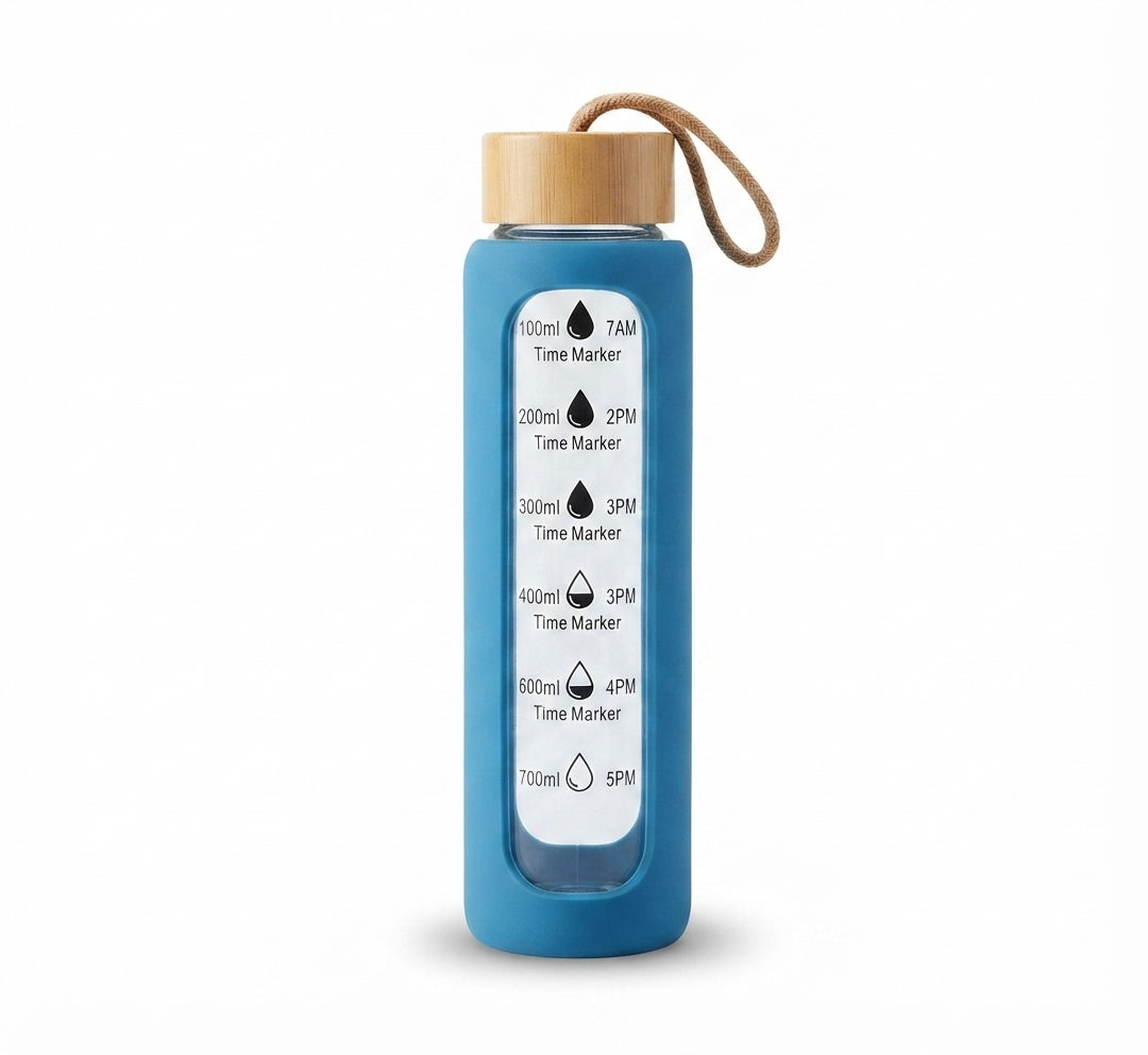Time Marker Glass Bottle with Silicone Sleeve - Blue - Meru Trophy corporate gifting