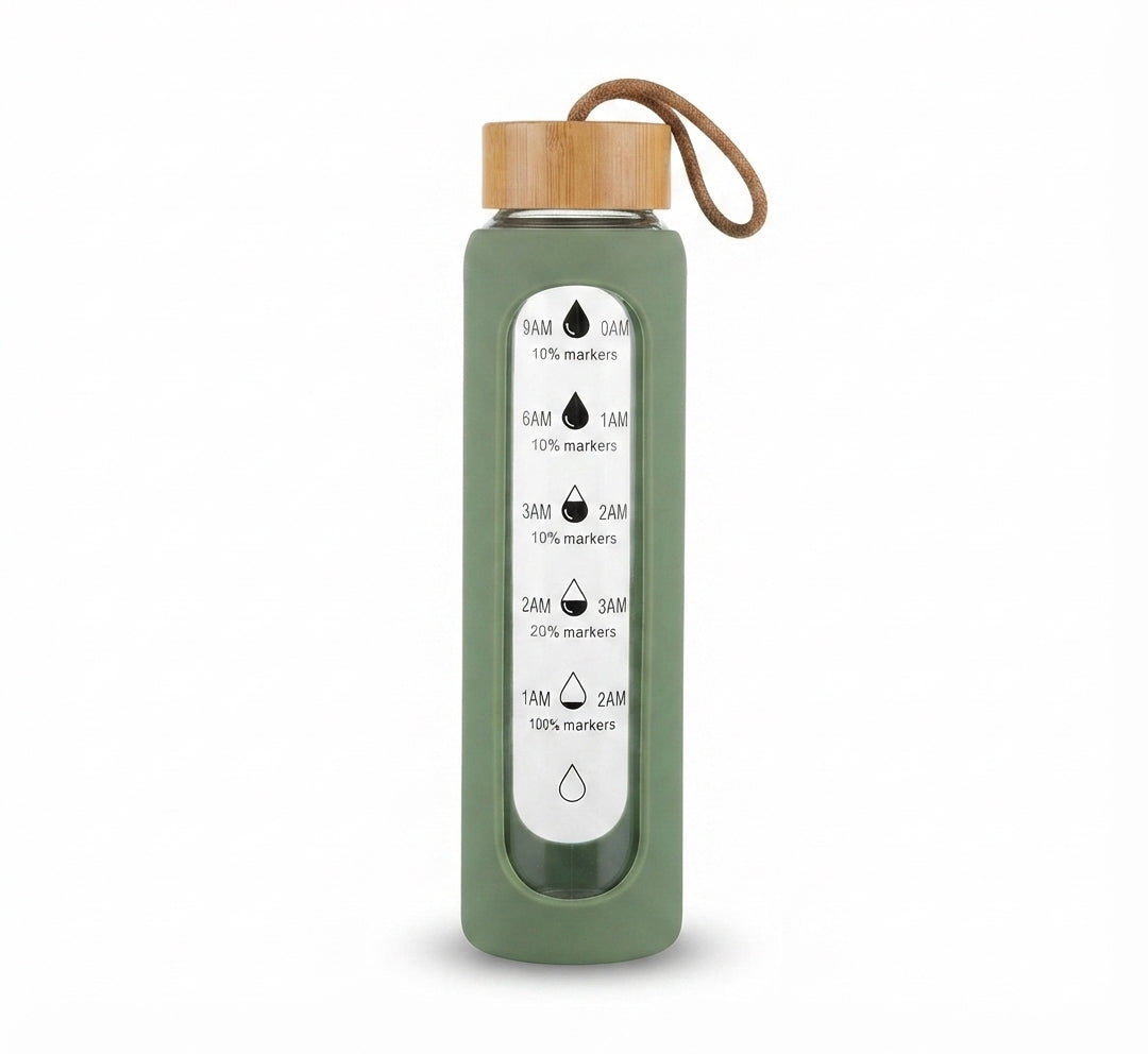 Time Marker Glass Bottle with Silicone Sleeve - Green - Meru Trophy corporate gifting