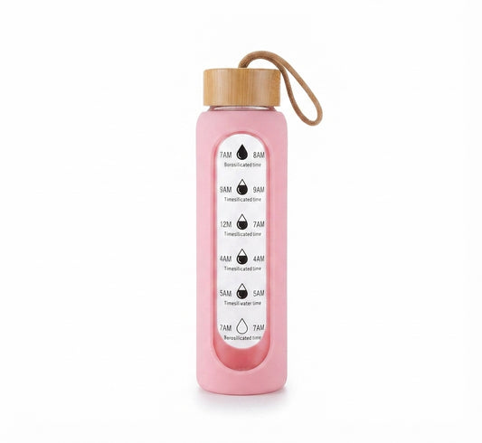 Time Marker Glass Bottle with Silicone Sleeve - Pink - Meru Trophy corporate gifting
