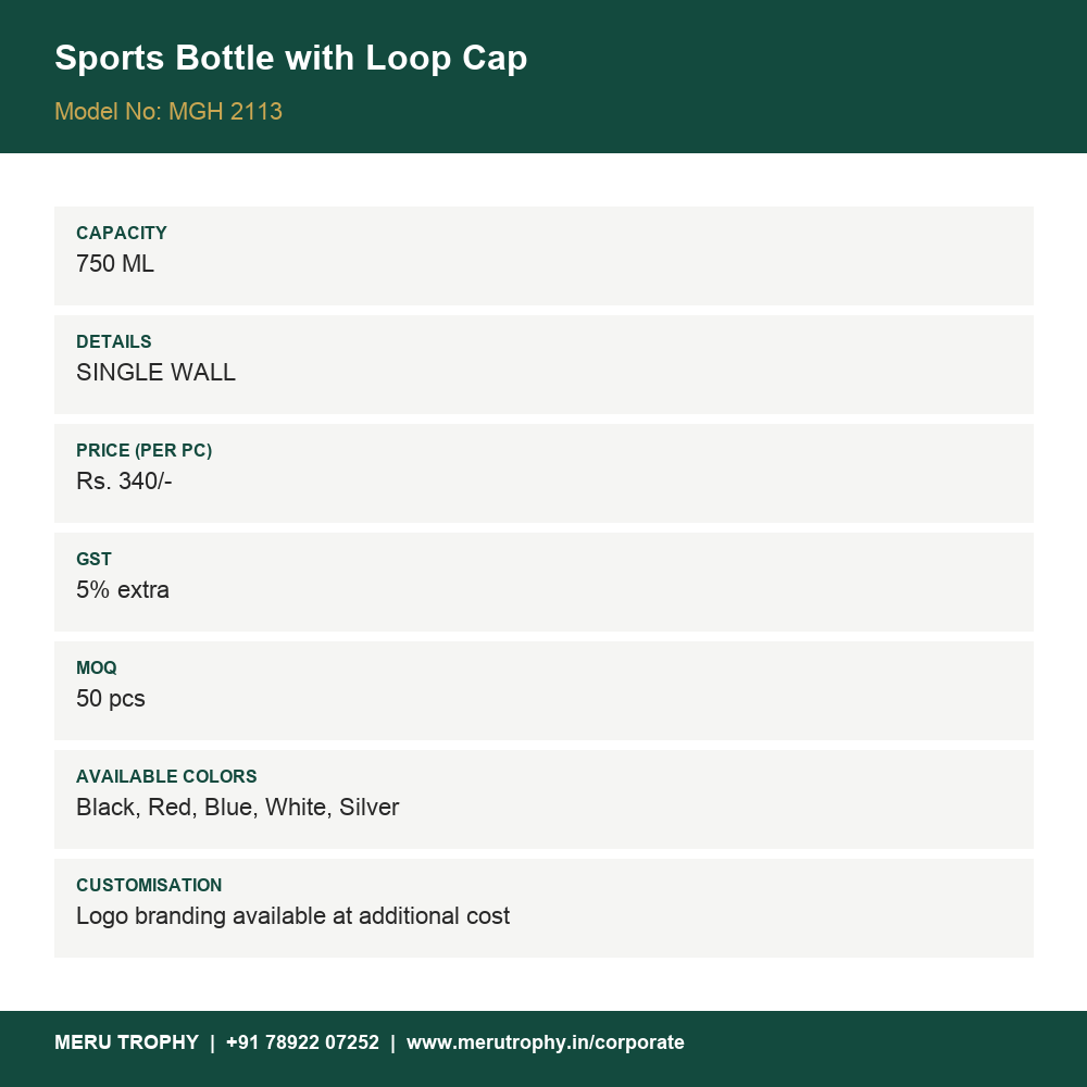 Sports Bottle with Loop Cap - spec card - Meru Trophy corporate gifting