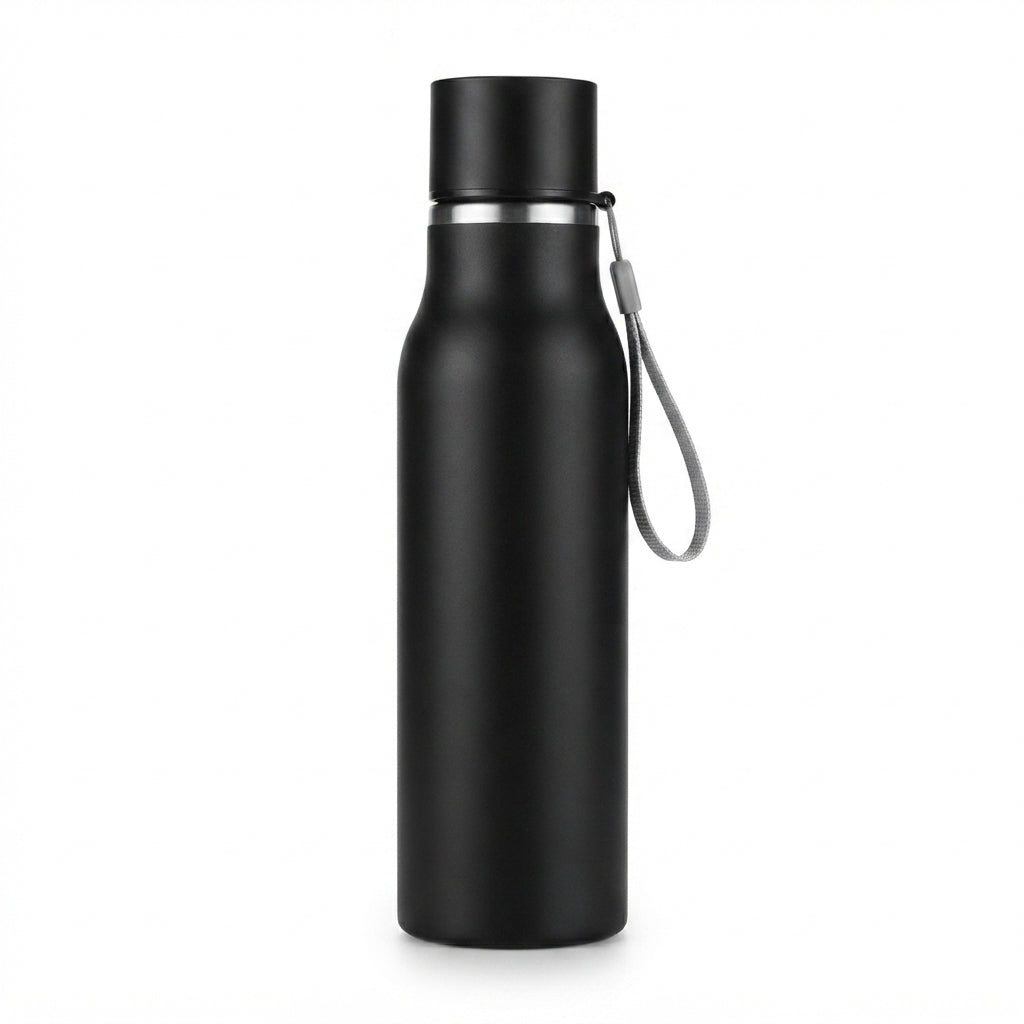 Steel Bottle with Carry Strap - Black - Meru Trophy corporate gifting