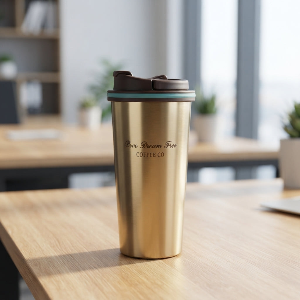 Coffee Mug with Flip Lid - lifestyle desk shot - Meru Trophy corporate gifting