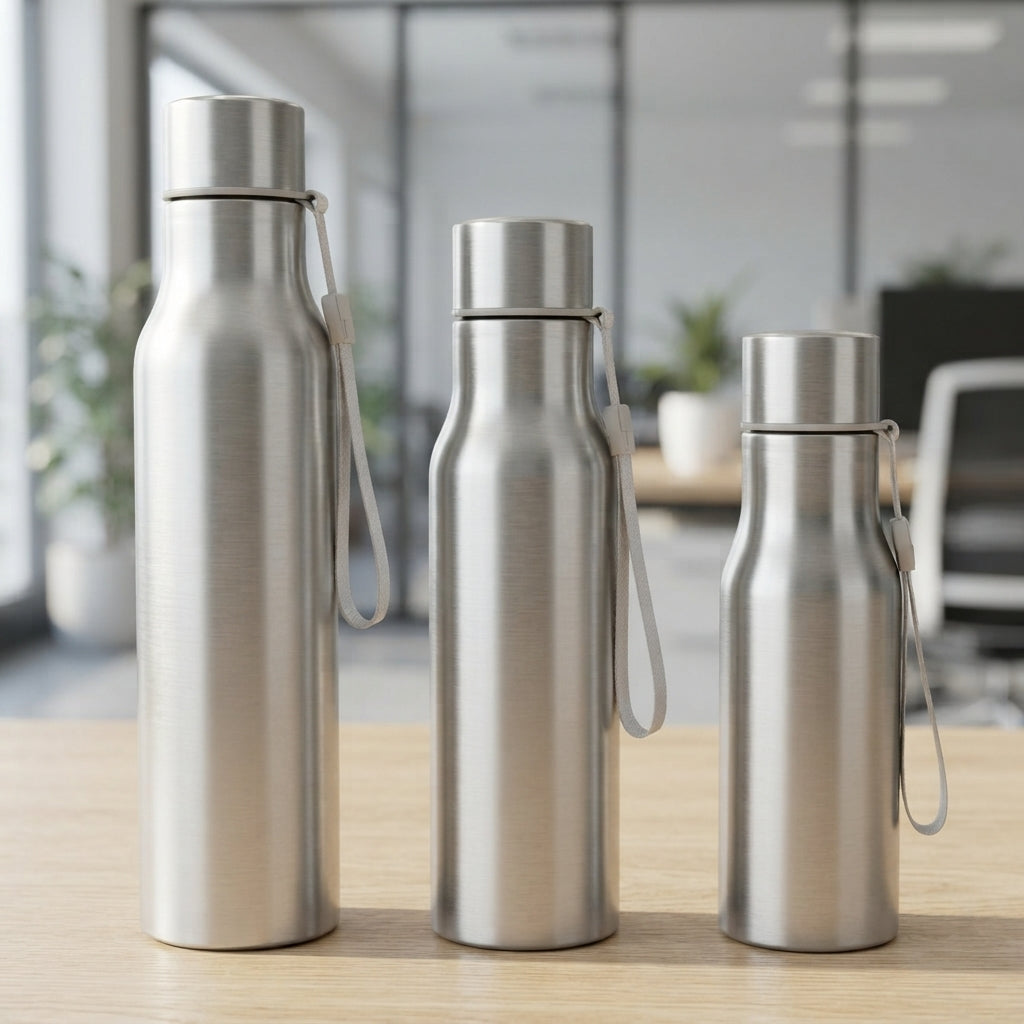 Stainless Steel Bottle with Strap - lifestyle desk shot - Meru Trophy corporate gifting