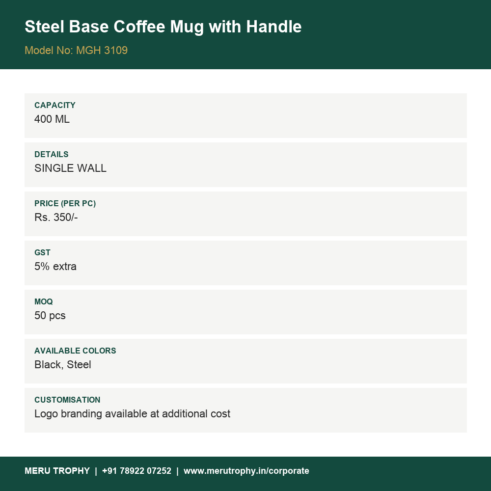 Steel Base Coffee Mug with Handle - details - Meru Trophy corporate gifting