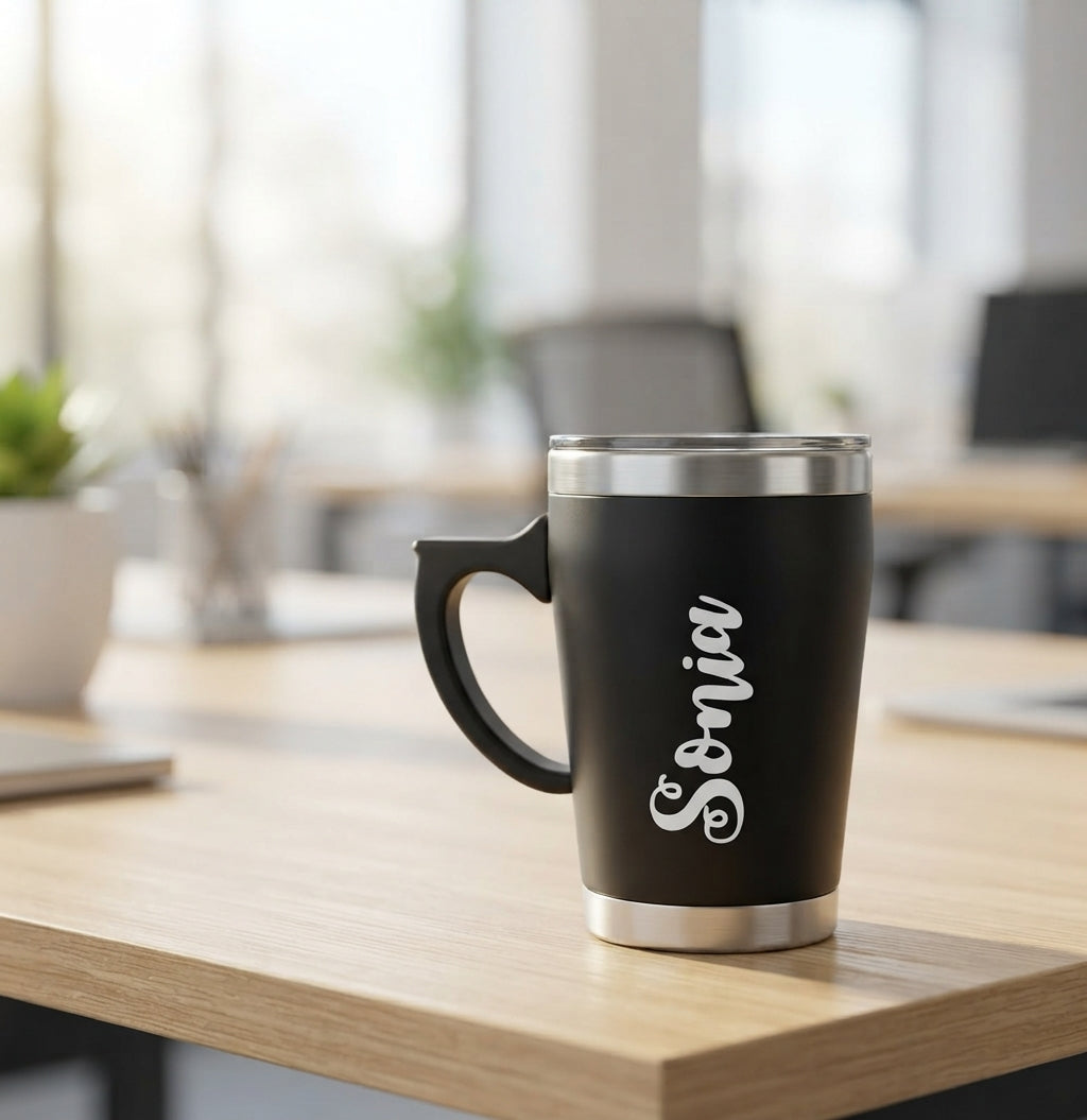 Steel Base Coffee Mug with Handle - lifestyle - Meru Trophy corporate gifting