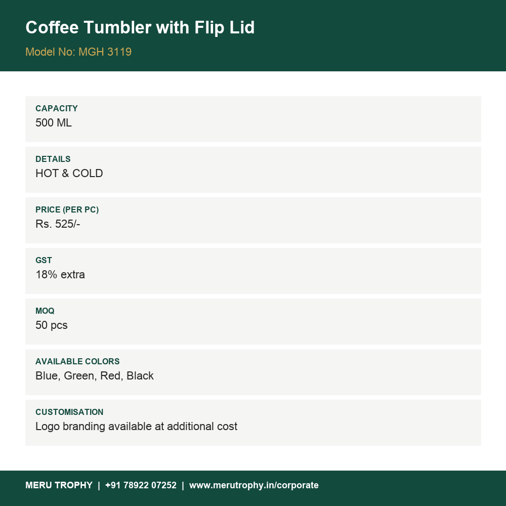 Coffee Tumbler with Flip Lid - product detail card - Meru Trophy corporate gifting