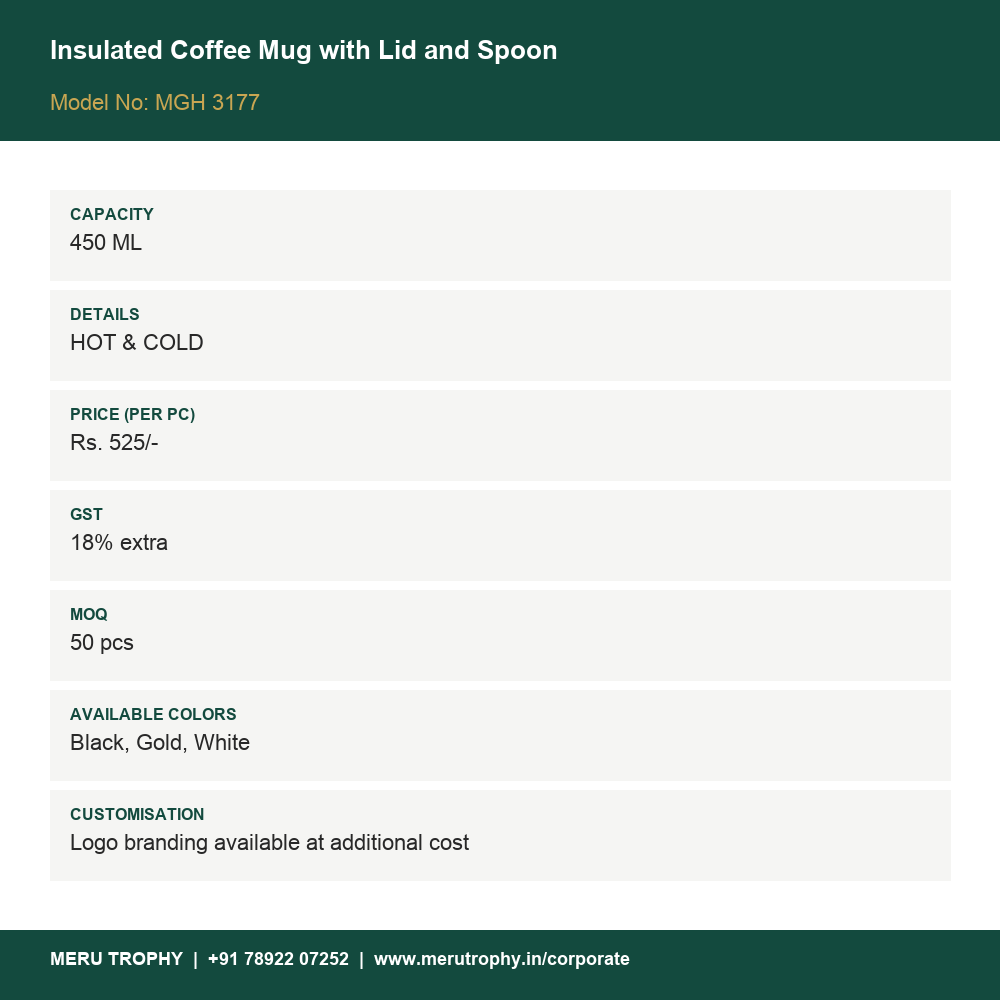 Insulated Coffee Mug with Lid and Spoon - product detail card - Meru Trophy corporate gifting