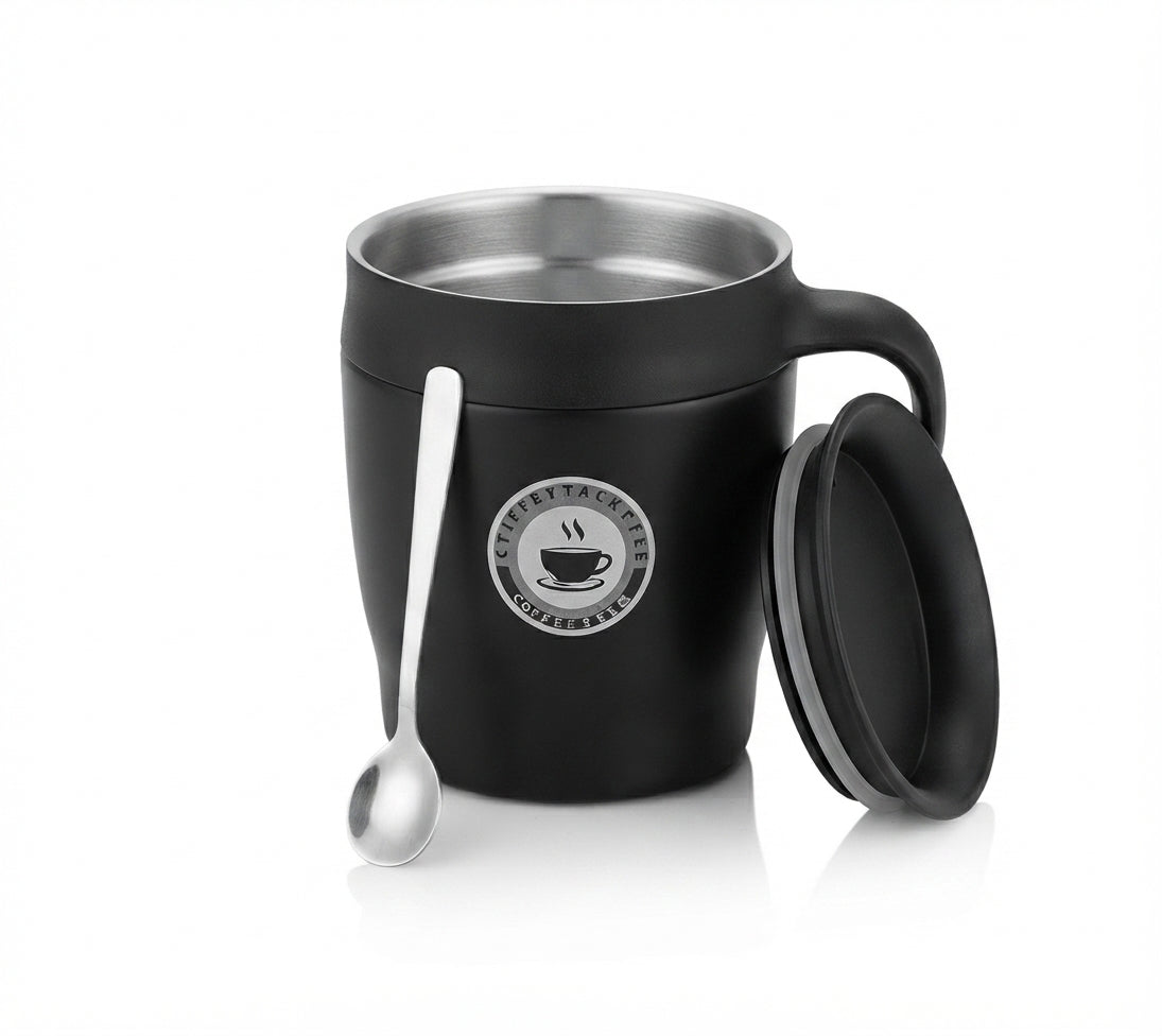 Insulated Coffee Mug with Lid and Spoon - Black - Meru Trophy corporate gifting