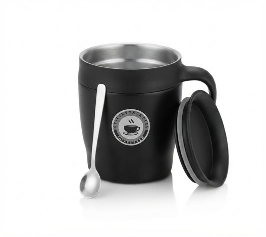 Insulated Coffee Mug with Lid and Spoon - Black - Meru Trophy corporate gifting