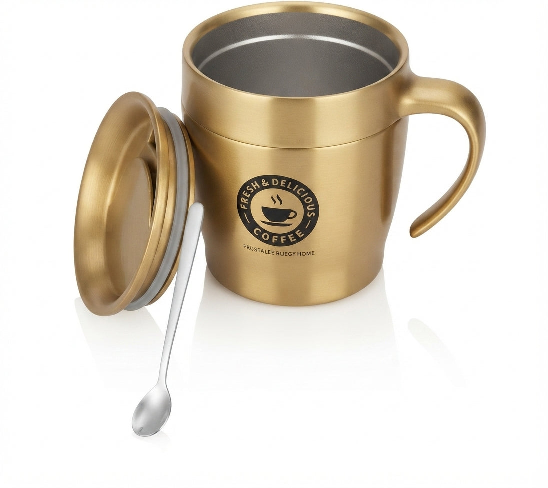 Insulated Coffee Mug with Lid and Spoon - Gold - Meru Trophy corporate gifting