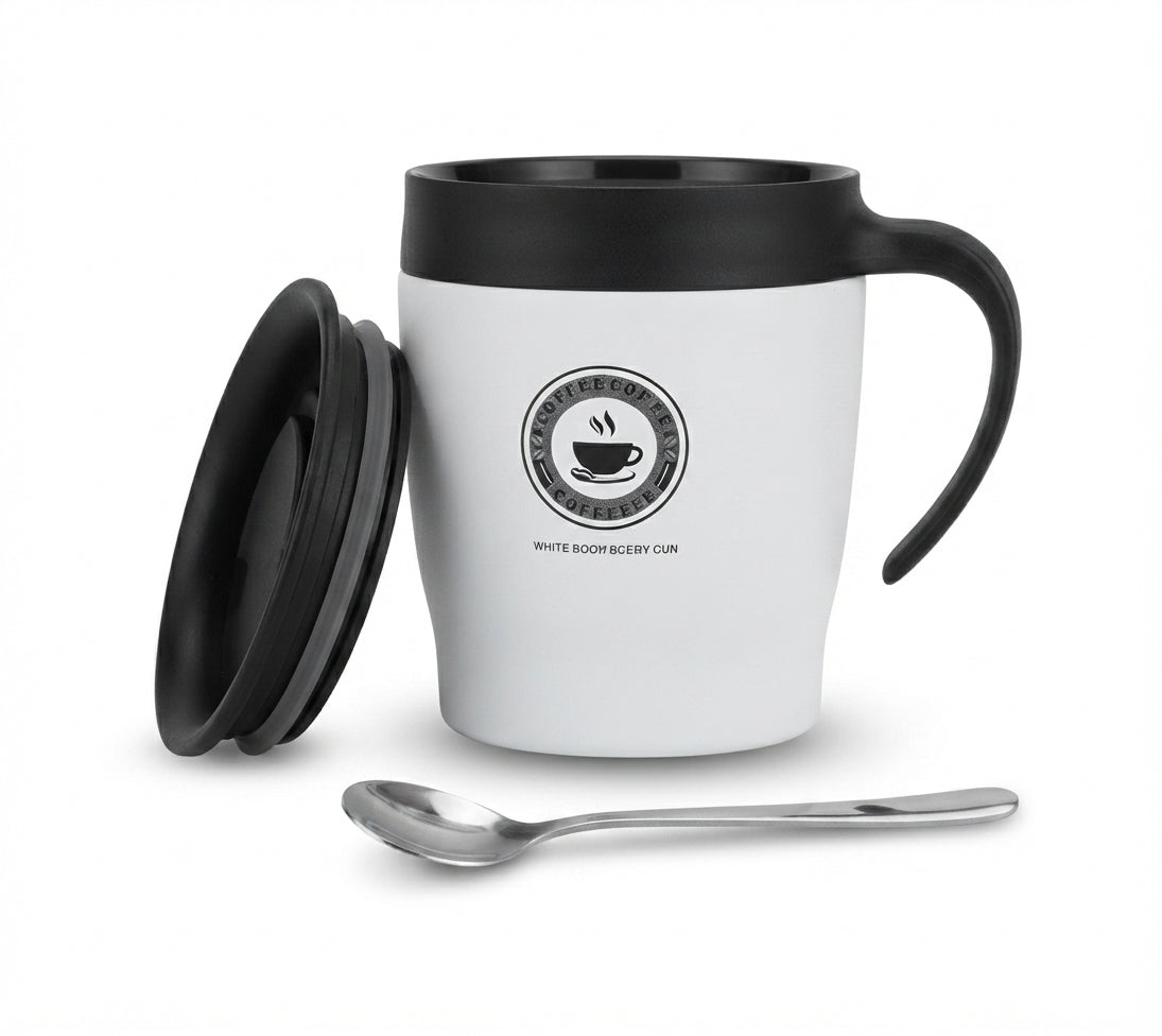 Insulated Coffee Mug with Lid and Spoon - White - Meru Trophy corporate gifting