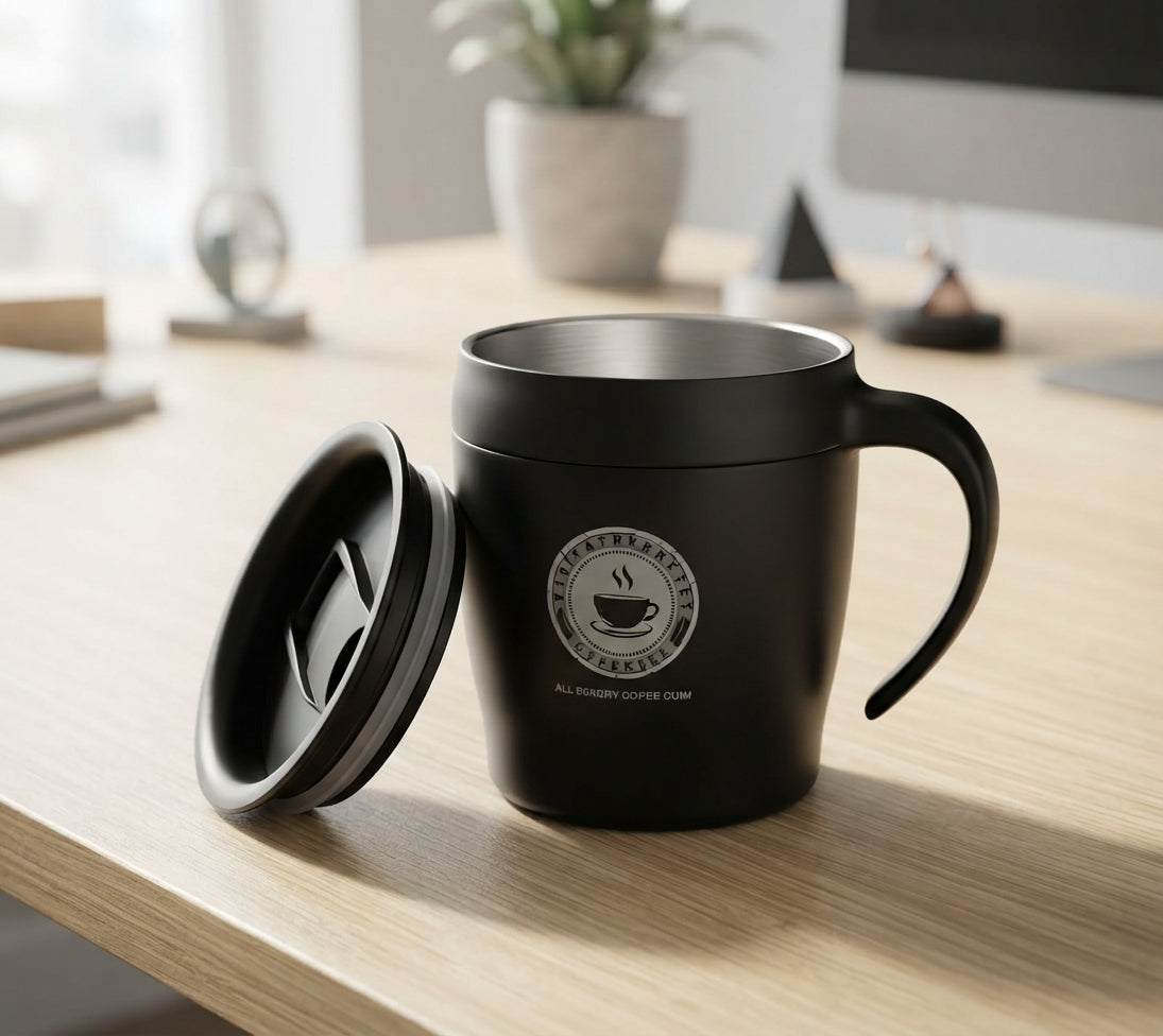 Insulated Coffee Mug with Lid and Spoon - lifestyle - Meru Trophy corporate gifting