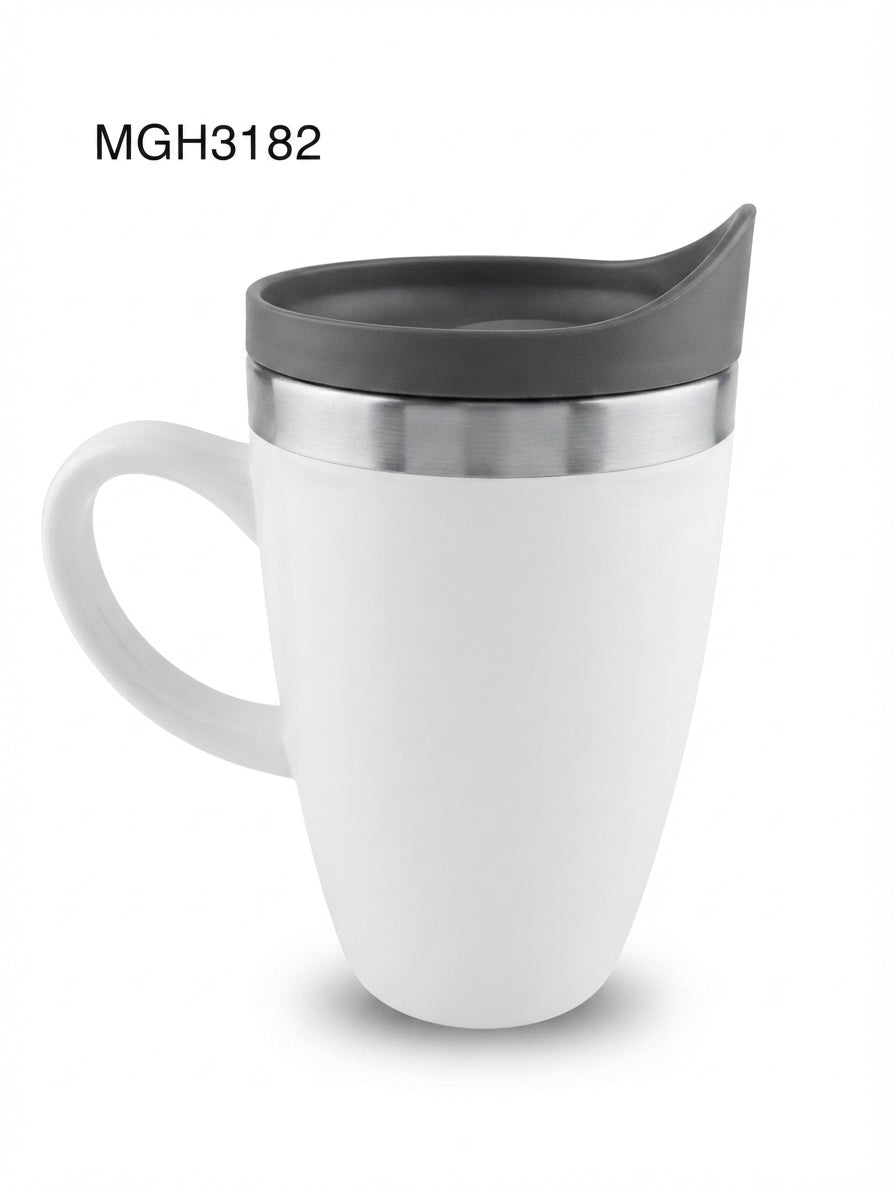 Tall Travel Mug with Steel Rim - White - Meru Trophy corporate gifting