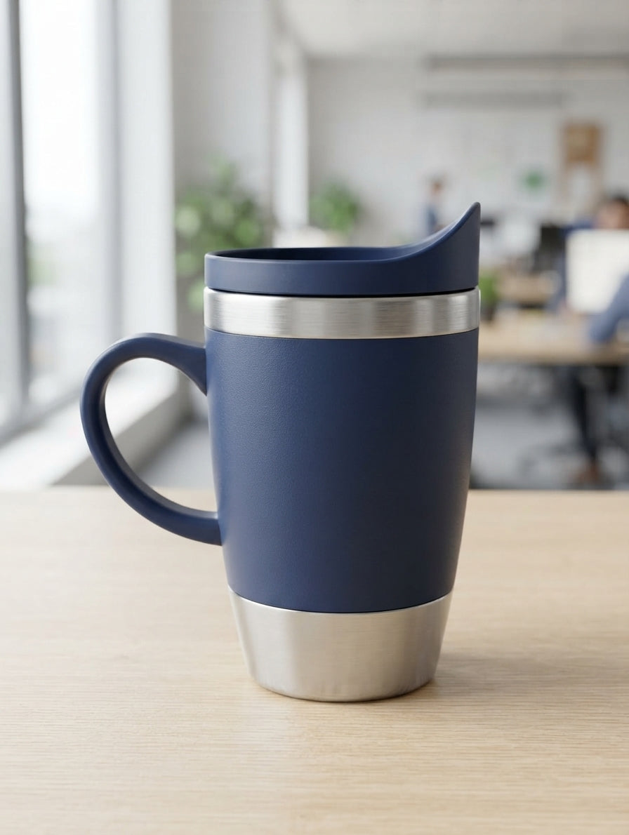 Tall Travel Mug with Steel Rim - lifestyle - Meru Trophy corporate gifting