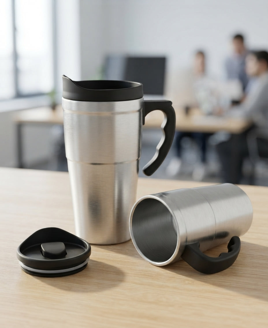 Steel Travel Mug with Flip Lid - lifestyle - Meru Trophy corporate gifting