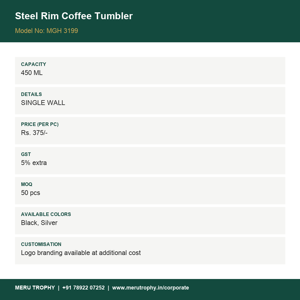Steel Rim Coffee Tumbler - product details card - Meru Trophy corporate gifting