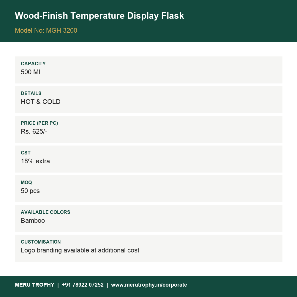Wood-Finish Temperature Display Flask - product details card - Meru Trophy corporate gifting