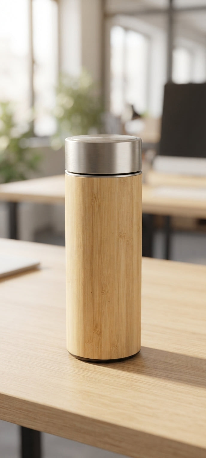 Wood-Finish Temperature Display Flask - lifestyle desk shot - Meru Trophy corporate gifting
