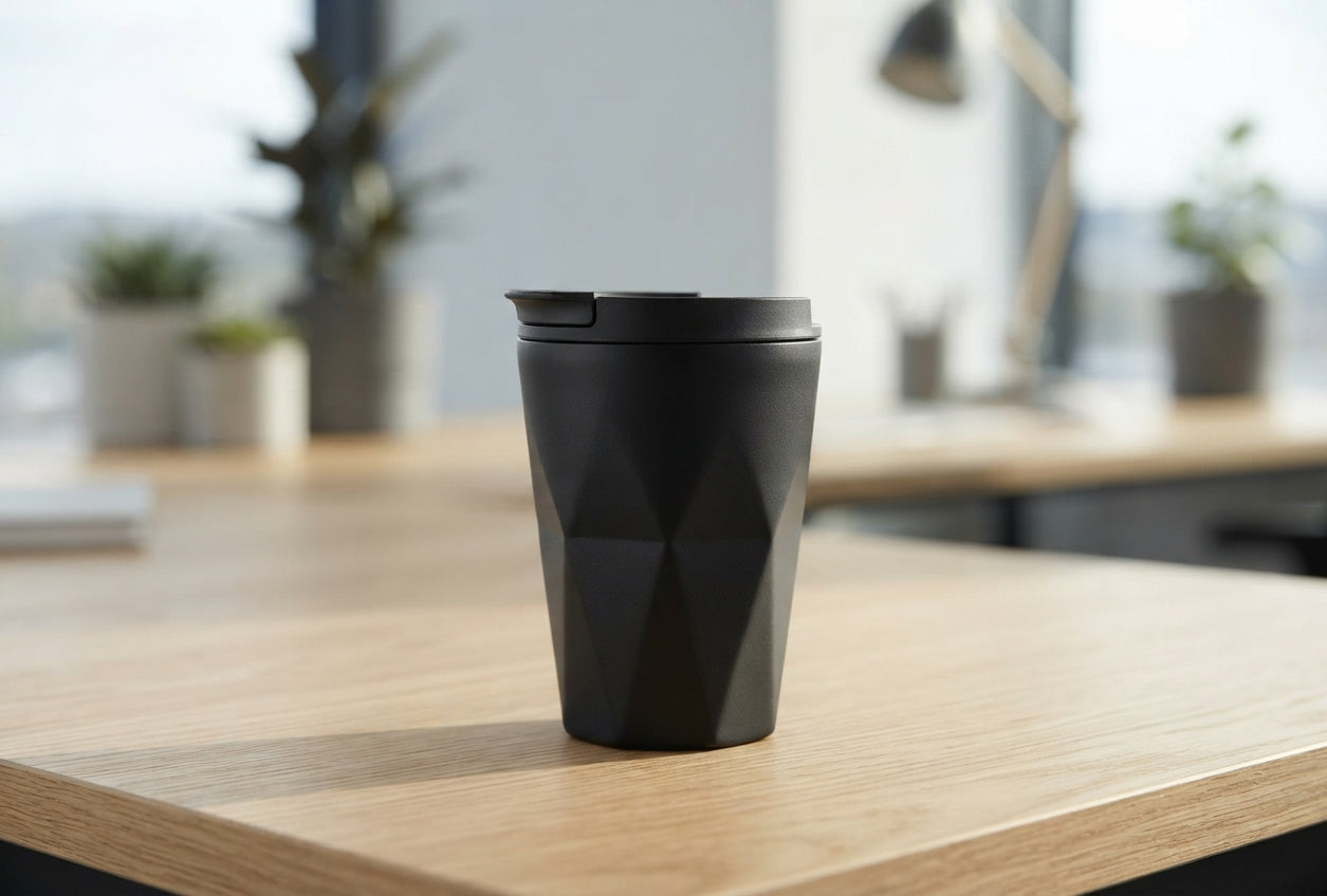 Coffee Tumbler with Press Lid - lifestyle desk shot - Meru Trophy corporate gifting