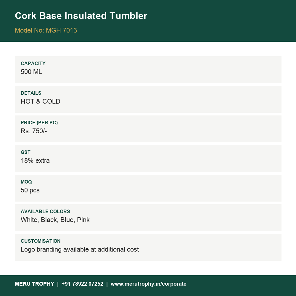 Cork Base Insulated Tumbler - details - Meru Trophy corporate gifting
