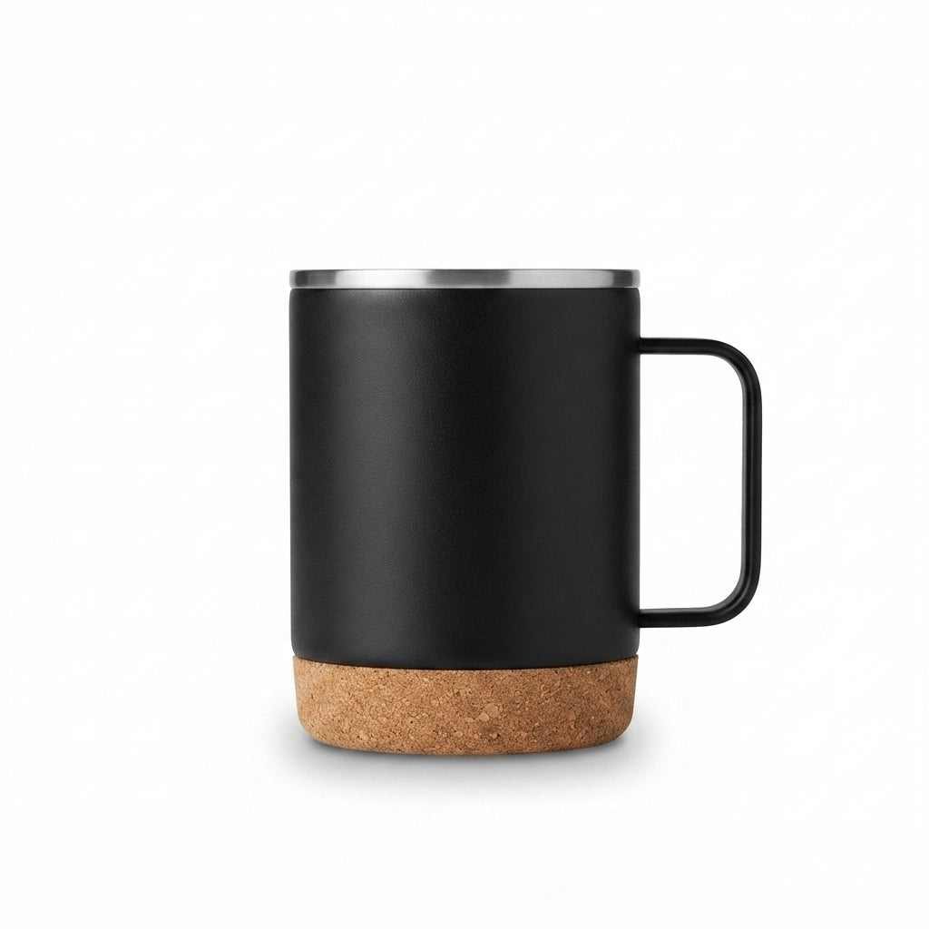Cork Base Insulated Mug with Handle - Black - Meru Trophy corporate gifting