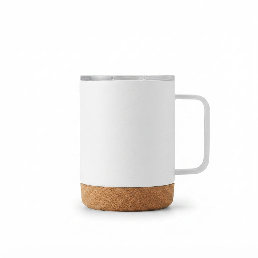Cork Base Insulated Mug with Handle - White - Meru Trophy corporate gifting