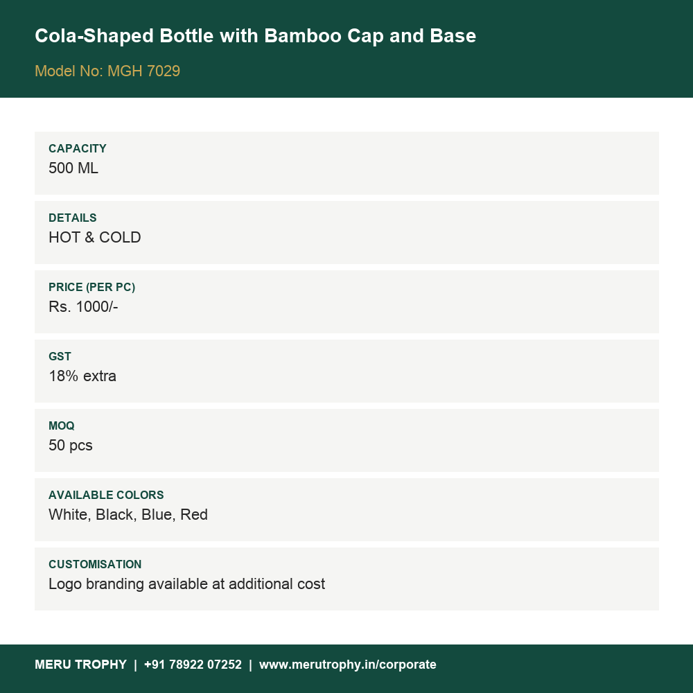 Cola-Shaped Bottle with Bamboo Cap and Base - spec card - Meru Trophy corporate gifting