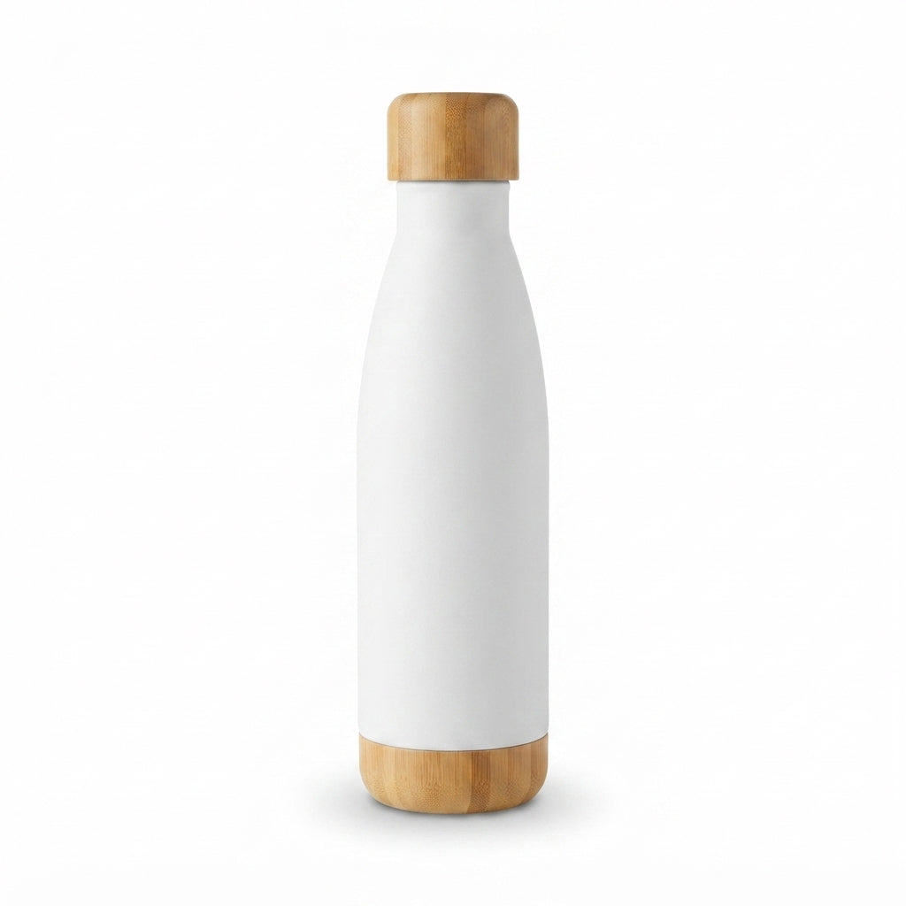 Cola-Shaped Bottle with Bamboo Cap and Base - White - Meru Trophy corporate gifting