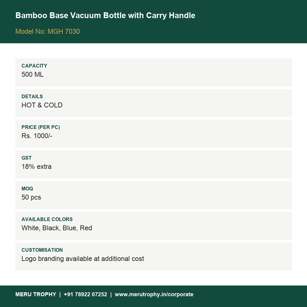 Bamboo Base Vacuum Bottle with Carry Handle - spec card - Meru Trophy corporate gifting