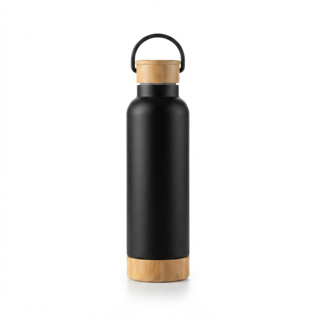 Bamboo Base Vacuum Bottle with Carry Handle - Black - Meru Trophy corporate gifting