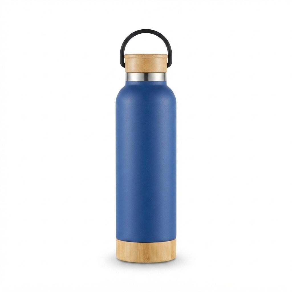 Bamboo Base Vacuum Bottle with Carry Handle - Blue - Meru Trophy corporate gifting
