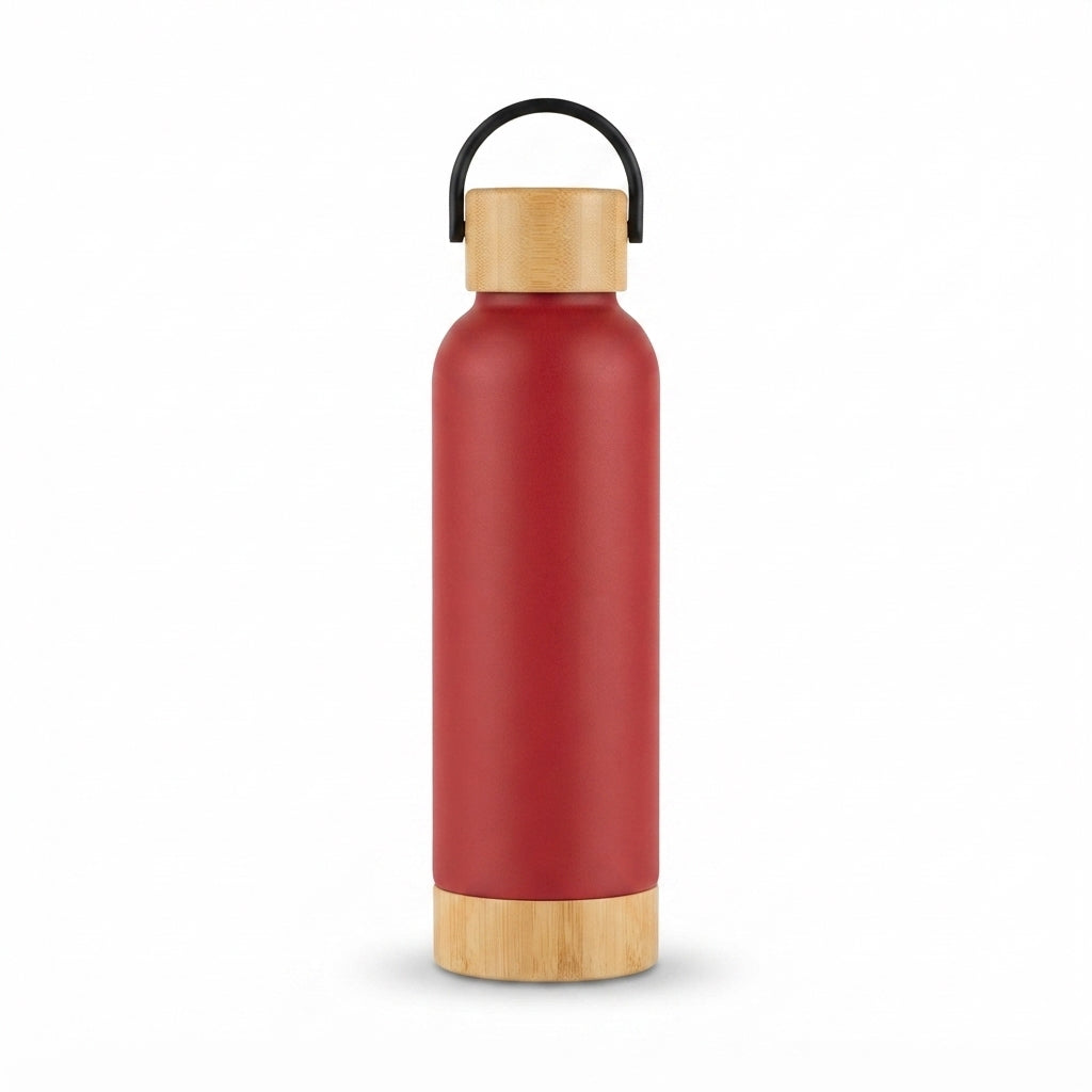 Bamboo Base Vacuum Bottle with Carry Handle - Red - Meru Trophy corporate gifting