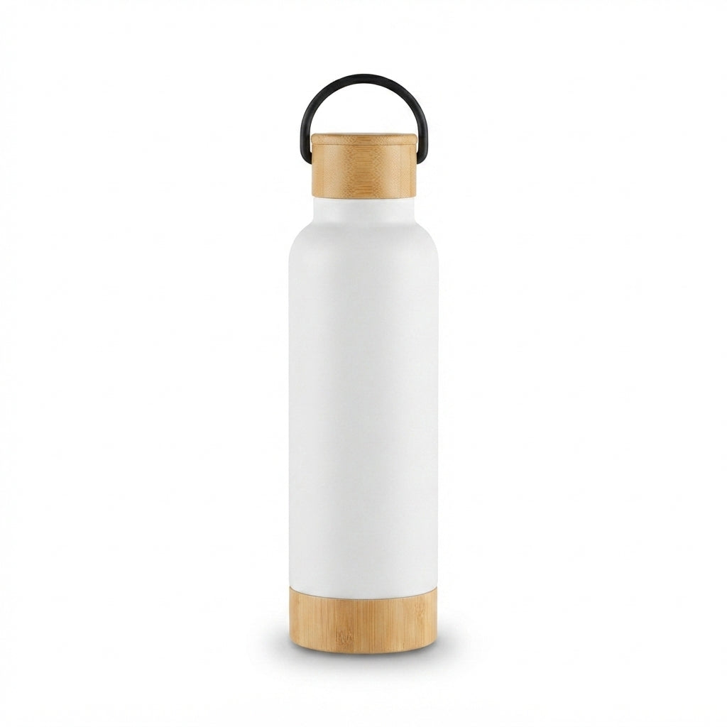 Bamboo Base Vacuum Bottle with Carry Handle - White - Meru Trophy corporate gifting