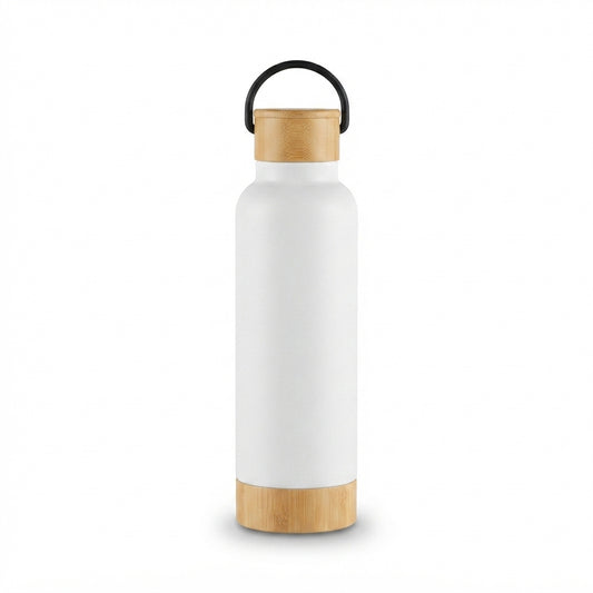 Bamboo Base Vacuum Bottle with Carry Handle - White - Meru Trophy corporate gifting