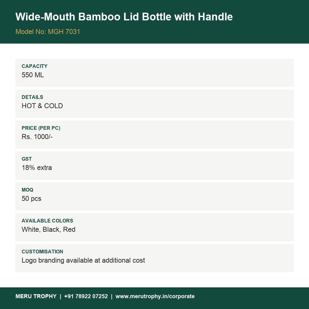 Wide-Mouth Bamboo Lid Bottle with Handle - spec card - Meru Trophy corporate gifting