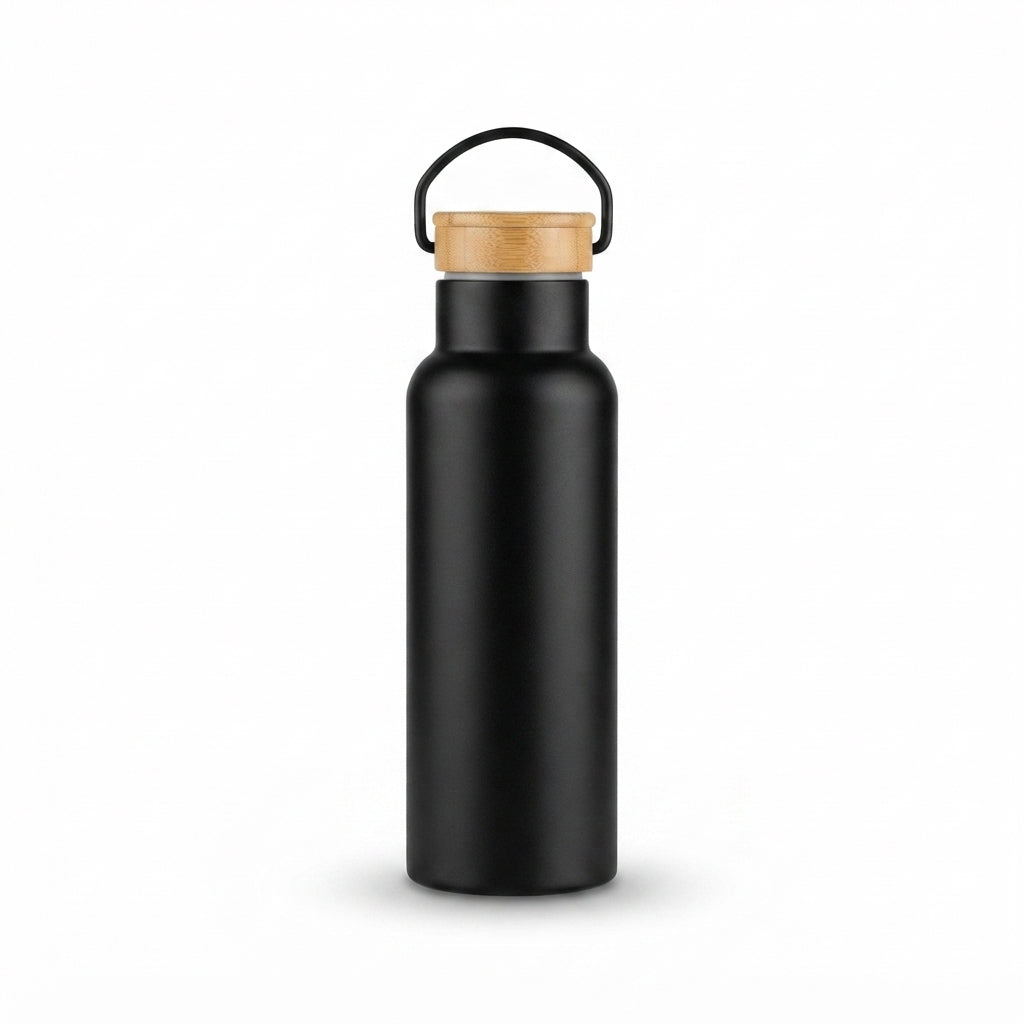 Wide-Mouth Bamboo Lid Bottle with Handle - Black - Meru Trophy corporate gifting