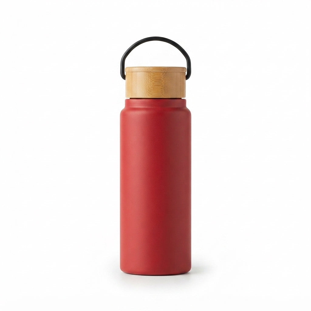 Wide-Mouth Bamboo Lid Bottle with Handle - Red - Meru Trophy corporate gifting