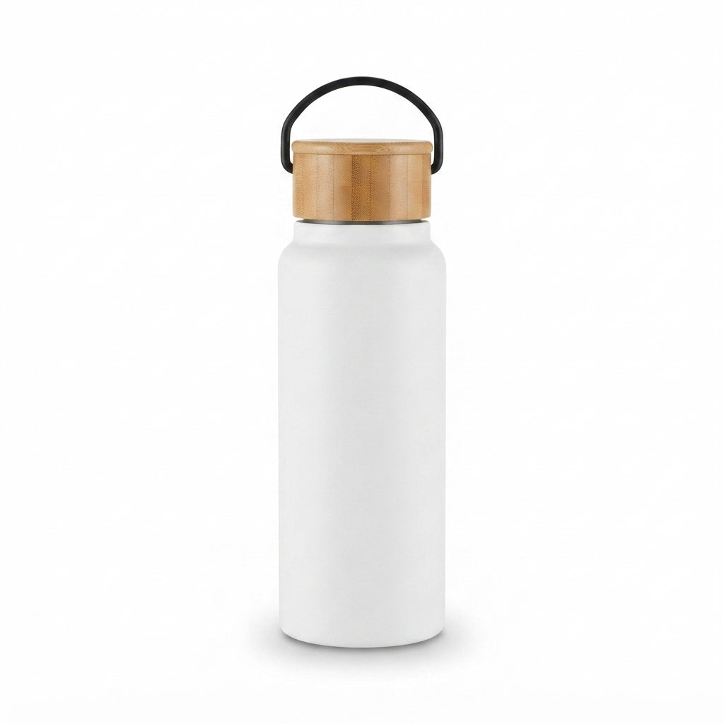Wide-Mouth Bamboo Lid Bottle with Handle - White - Meru Trophy corporate gifting