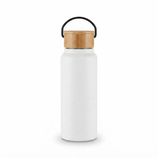 Wide-Mouth Bamboo Lid Bottle with Handle - White - Meru Trophy corporate gifting