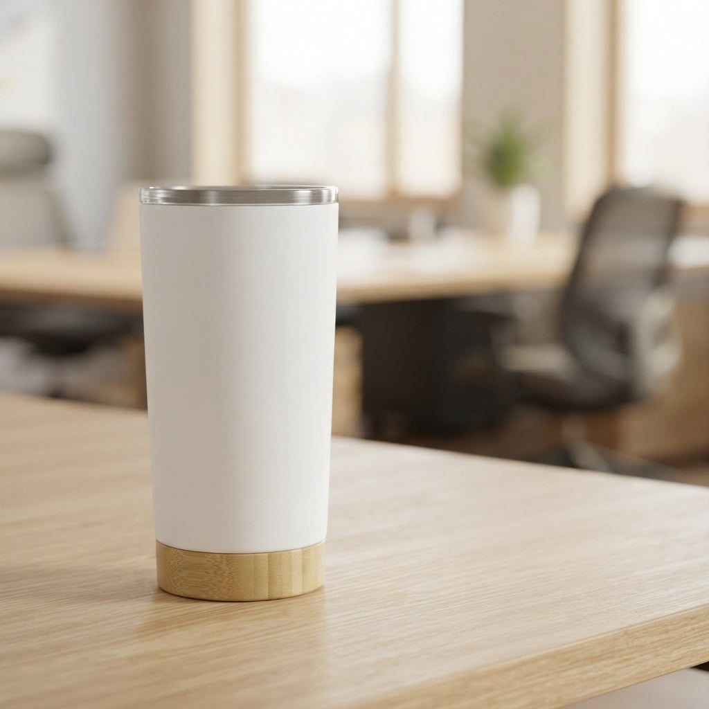 Bamboo Base Insulated Tumbler - lifestyle desk shot - Meru Trophy corporate gifting