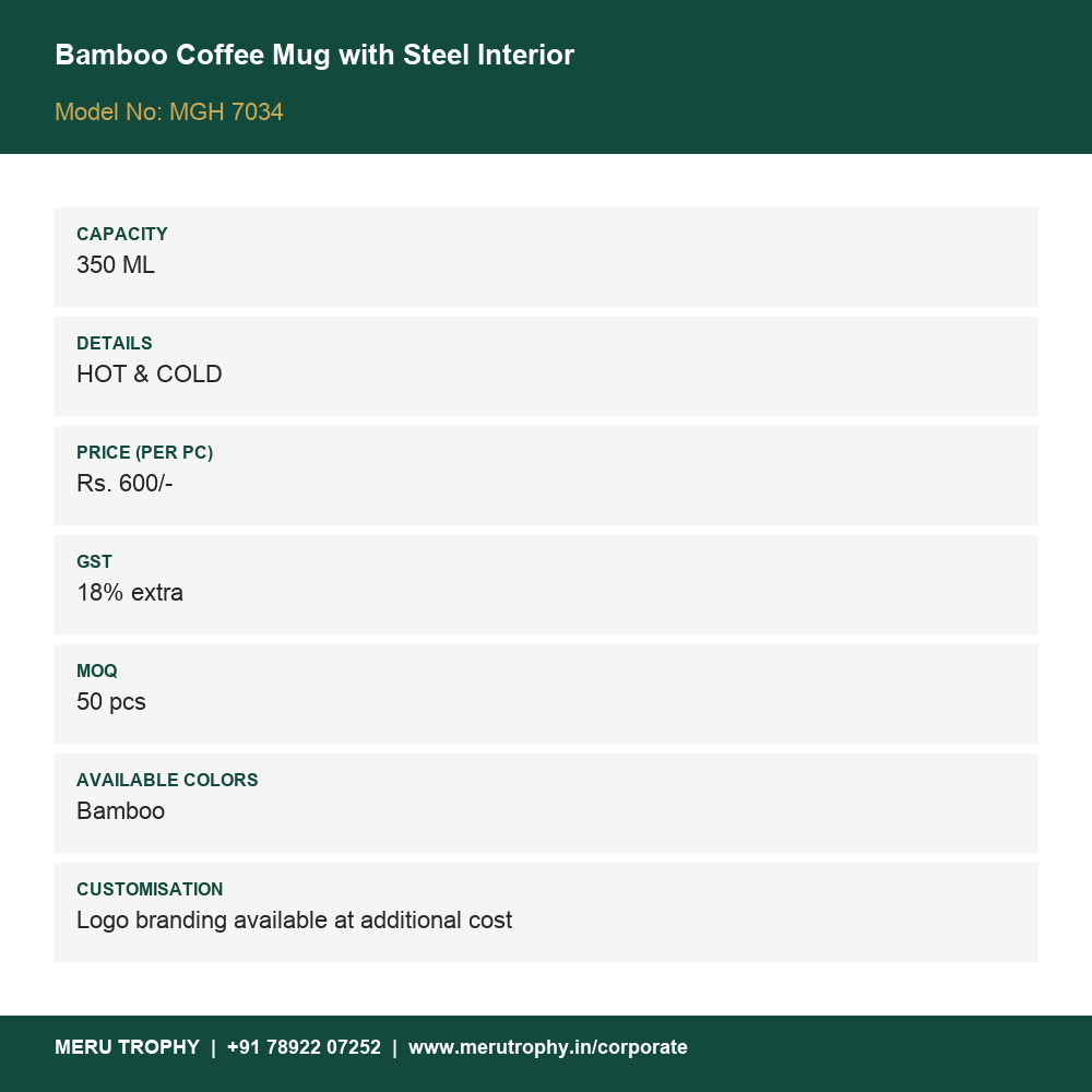 Bamboo Coffee Mug with Steel Interior - product spec card - Meru Trophy corporate gifting