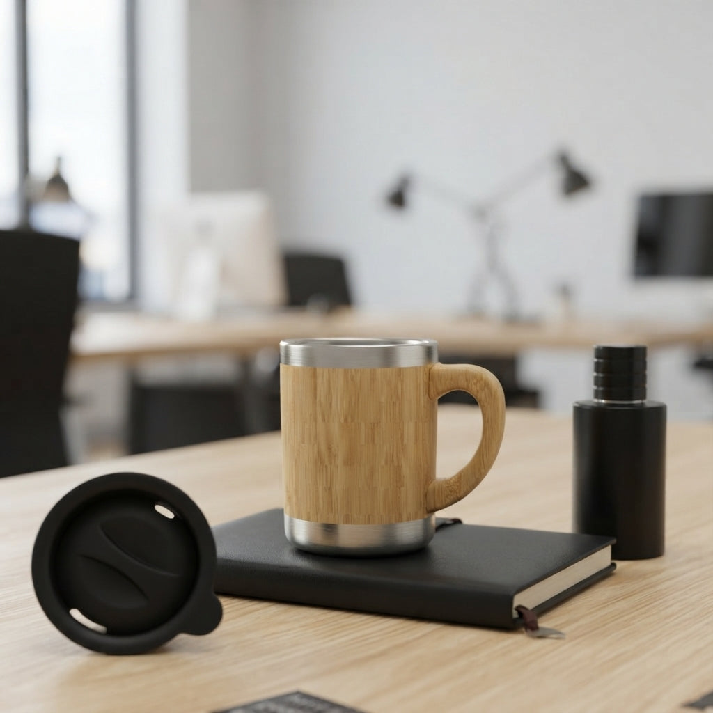 Bamboo Coffee Mug with Steel Interior - lifestyle desk shot - Meru Trophy corporate gifting