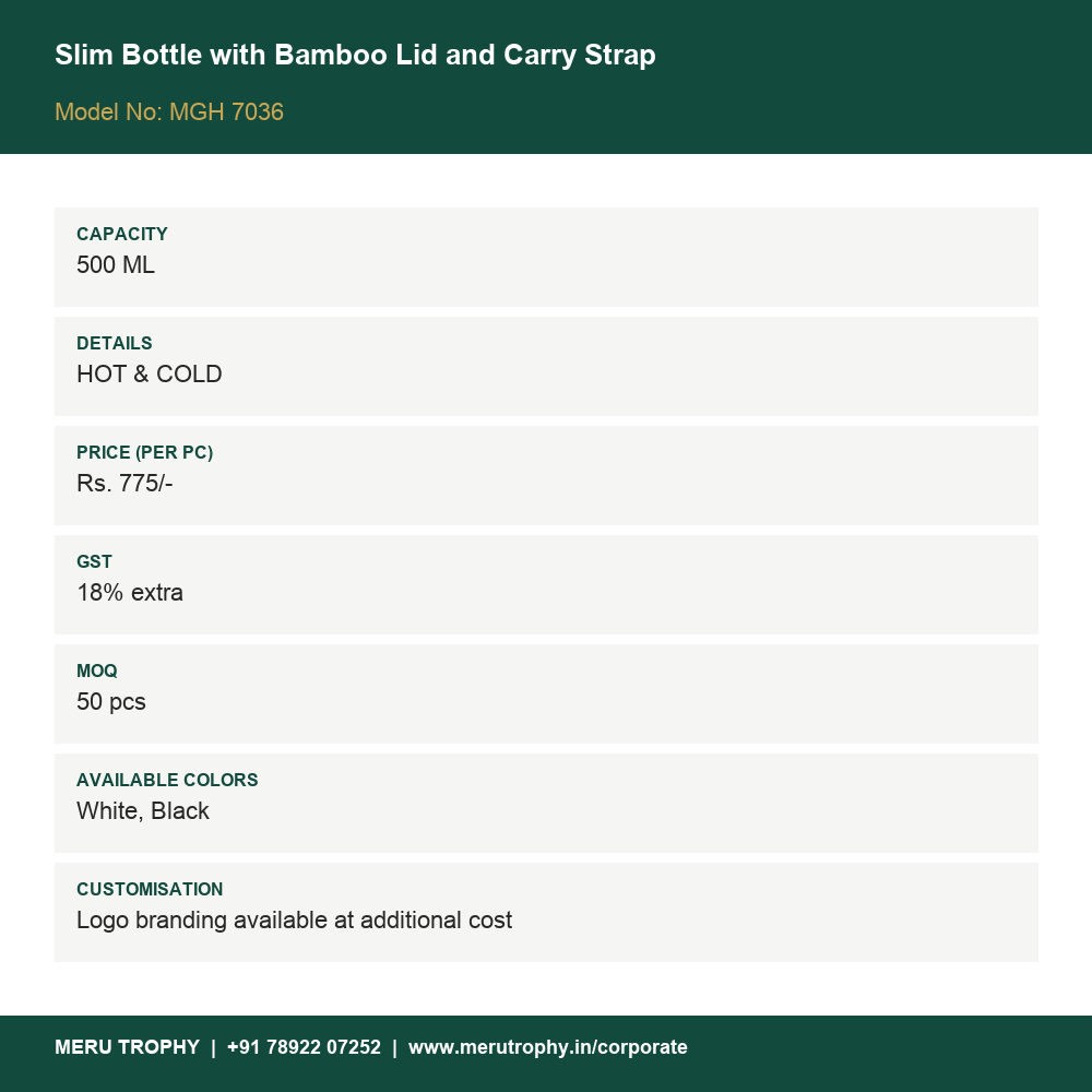 Slim Bottle with Bamboo Lid and Carry Strap - spec card - Meru Trophy corporate gifting