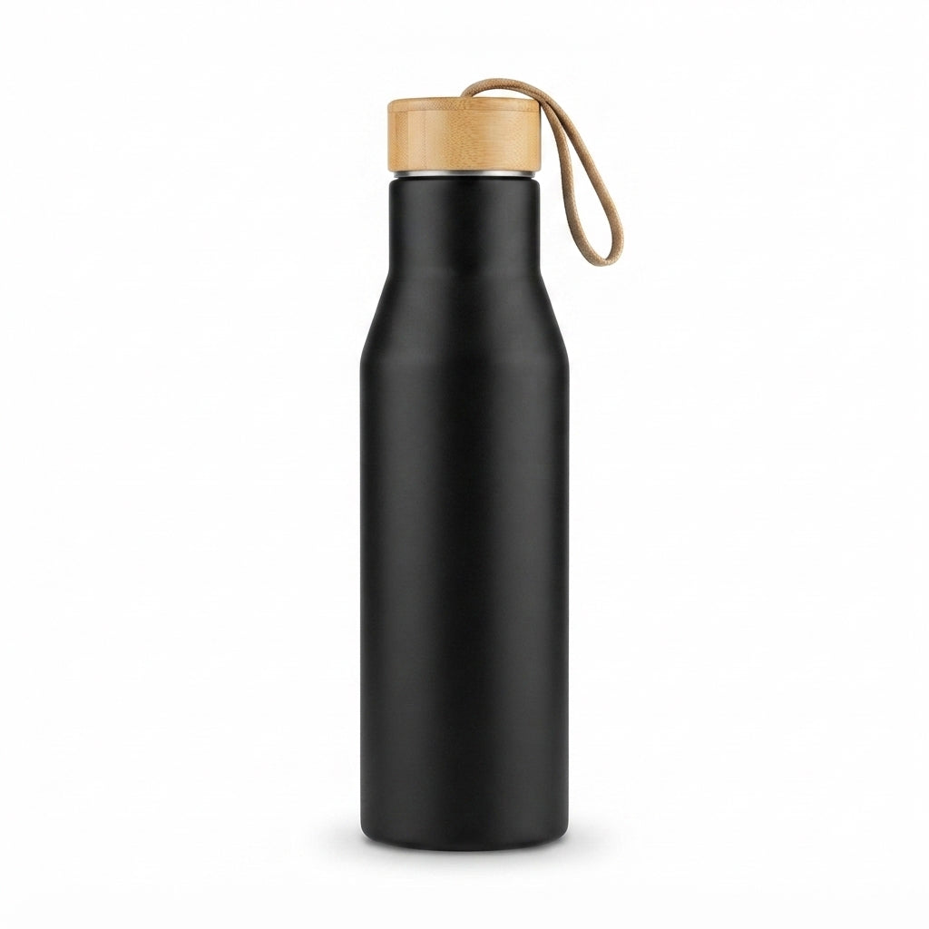 Slim Bottle with Bamboo Lid and Carry Strap - Black - Meru Trophy corporate gifting